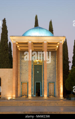 Tomb of Saadi after Dark. Saadi and Hafez, 2 most important poets of Persia. View in Tomb of Saadi during sunset in Shiraz, Iran. Stock Photo