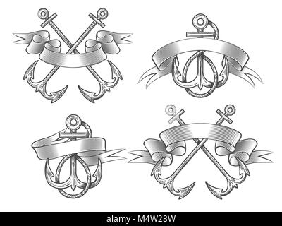 Set of vintage anchors with ribbon.  Elements for your design. Hand drawn vector illustration. Stock Vector