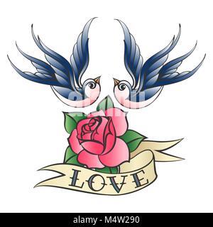 Swallows flying over rose flower and ribbon with lettering Love. Vector illustration in tattoo style. Stock Vector