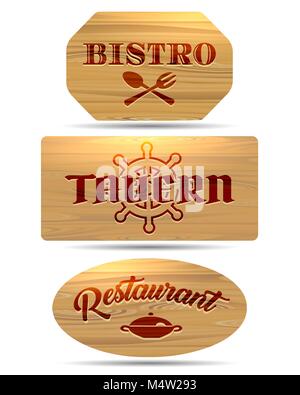 Wooden old-fashioned signs set. Bistro, tavern and restaurant emblems. Vector illustration. Stock Vector