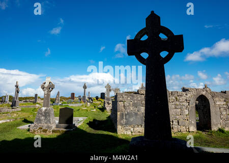 Celtic crosses in the cemetery of The Seven Churches, Inishmore, Aran Islands, County Galway, Ireland. Stock Photo