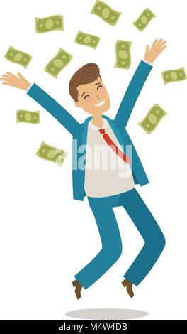 Successful businessman jumps and throws money. Business concept. Cartoon vector illustration Stock Vector