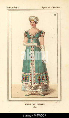 Evening dress, French women's fashions, Napoleonic era, 181. Handcoloured lithograph by Leopold Massard from Le Bibliophile Evening dress, French women's fashions, Napoleonic era, 181. Handcoloured lithograph by Leopold Massard from Le Bibliophile