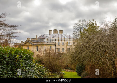 Painswick House with flagstone paved patio terrace and box hedges Painswick Rococo Garden, Painswick, Gloucestershire Cotswolds, Stock Photo