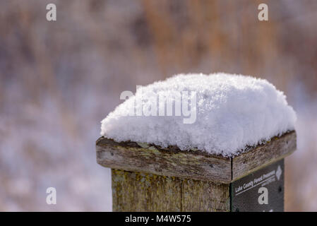 macro closeup of fresh snow on top of wooden fence post in forest preserves in Illinois Stock Photo