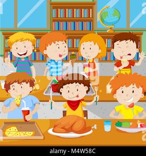 School children having lunch in the canteen illustration Stock Vector