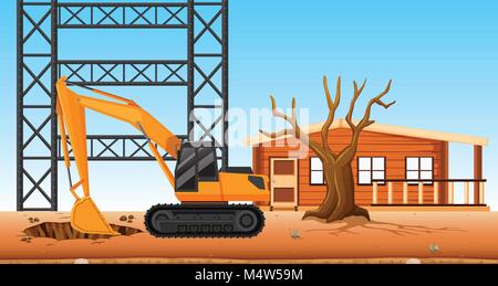 Bulldozer digging hole at the construction site illustration Stock Vector