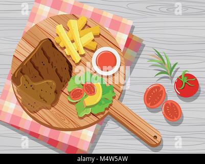 Steak and vegetables on cutting board illustration Stock Vector