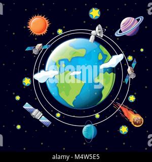 Space theme with satellites and planets around earth illustration Stock Vector