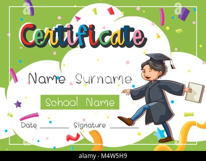 Certificate template with man in graduation gown illustration Stock Vector