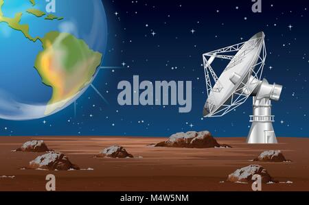 Space technology with satellite dish and earth illustration Stock Vector
