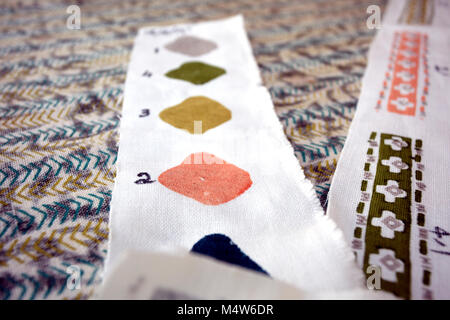 Colour matching for hand block printing for textile in India. Stock Photo