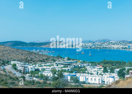 Cityscape Aerial view of typical Aegean architecture houses and Marine with yachts in harbor.Bodrum,Turkey.23 August 2017. Stock Photo