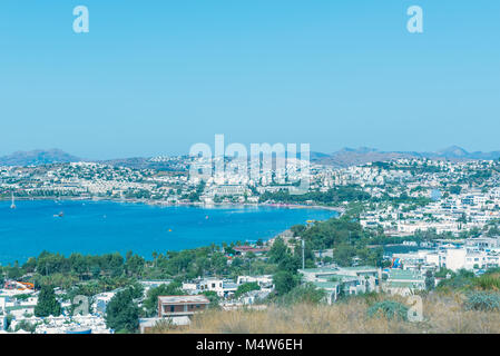 Cityscape Aerial view of typical Aegean architecture houses and Marine with yachts in harbor.Bodrum,Turkey.23 August 2017. Stock Photo