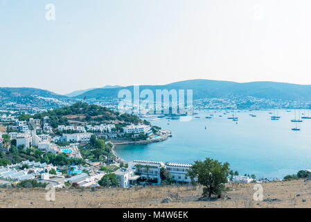 Cityscape Aerial view of typical Aegean architecture houses and Marine with yachts in harbor.Bodrum,Turkey.23 August 2017. Stock Photo