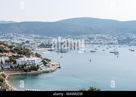 Cityscape Aerial view of typical Aegean architecture houses and Marine with yachts in harbor.Bodrum,Turkey.23 August 2017. Stock Photo