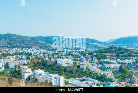 Cityscape Aerial view of typical Aegean architecture houses and Marine with yachts in harbor.Bodrum,Turkey.23 August 2017. Stock Photo