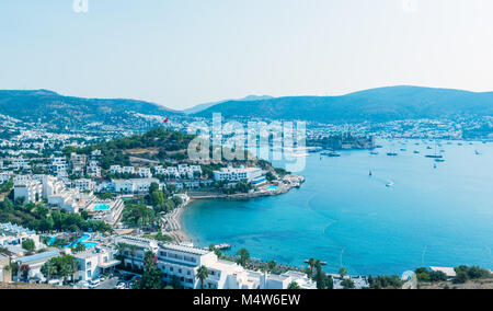 Cityscape Aerial view of typical Aegean architecture houses and Marine with yachts in harbor.Bodrum,Turkey.23 August 2017. Stock Photo