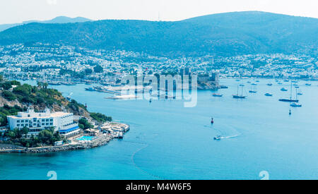 Cityscape Aerial view of typical Aegean architecture houses and Marine with yachts in harbor.Bodrum,Turkey.23 August 2017. Stock Photo