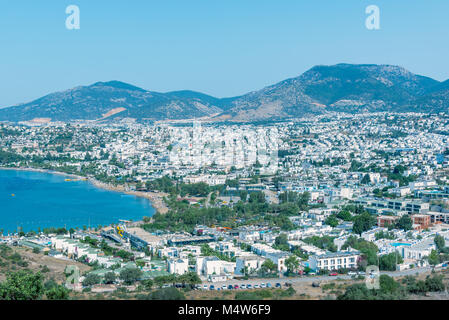 Cityscape Aerial view of typical Aegean architecture houses and Marine with yachts in harbor.Bodrum,Turkey.23 August 2017. Stock Photo