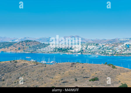 Cityscape Aerial view of typical Aegean architecture houses and Marine with yachts in harbor.Bodrum,Turkey.23 August 2017. Stock Photo