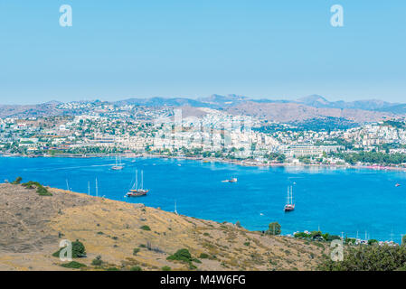 Cityscape Aerial view of typical Aegean architecture houses and Marine with yachts in harbor.Bodrum,Turkey.23 August 2017. Stock Photo