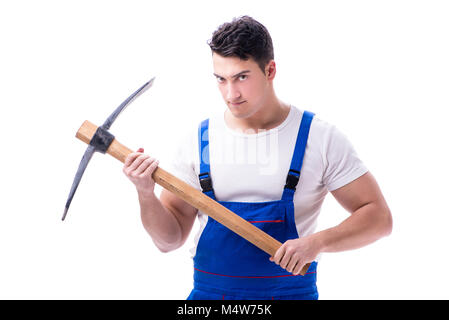 Man with a digging axe hoe on white background isolated Stock Photo