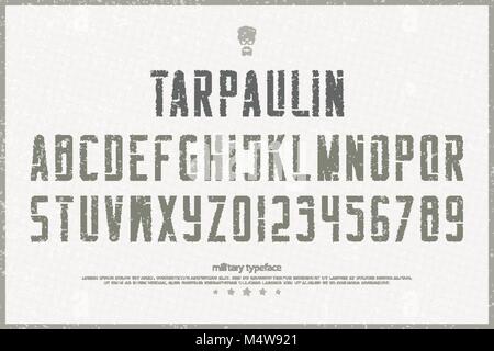 soldiery style alphabet letters and numbers. vector, military font type design. stencil lettering symbols. stylish, army typesetting. canvas texture t Stock Vector