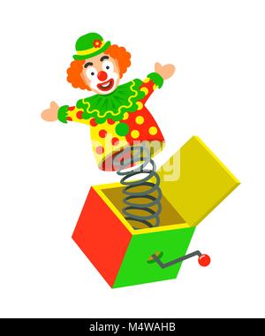 Toy circus clown on a spring pops out of a box. Surprise joke for April Fools day. Jack in a box toy. Vector cartoon illustration Stock Vector