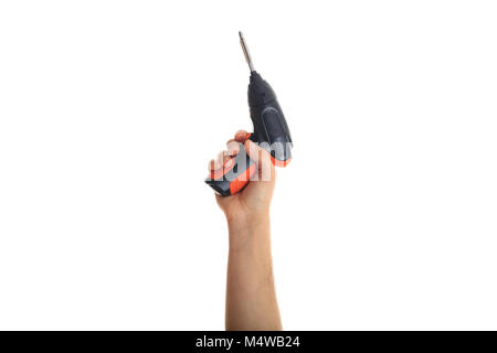 Man holding an electric screwdriver on white background Stock Photo