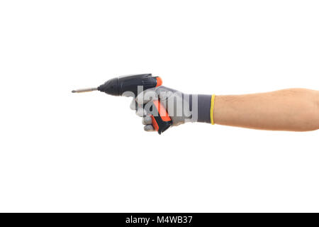 Gloved hand holding an electric screwdriver on white background Stock Photo