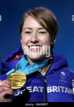 Great Britain's Lizzy Yarnold poses with her gold medal during the medal ceremony for the Women's Skeleton on day nine of the PyeongChang 2018 Winter Olympic Games in South Korea. Stock Photo