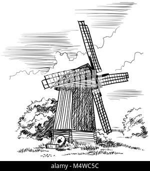 Windmill isolated on white background hand drawn sketch style ...