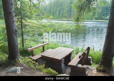 picnic table seating in forest near lake Stock Photo
