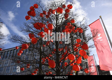 Red Chinese Lanterns suspended in a tree in Liverpool, UK for Chinese New Year celebrations Stock Photo
