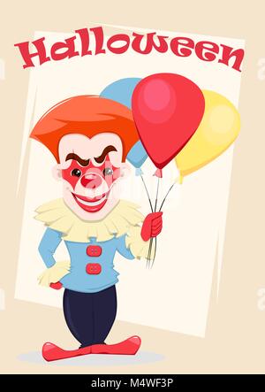 Halloween invitation or greeting card. Smiling evil clown with air balloons. Vector illustration on abstract background Stock Vector