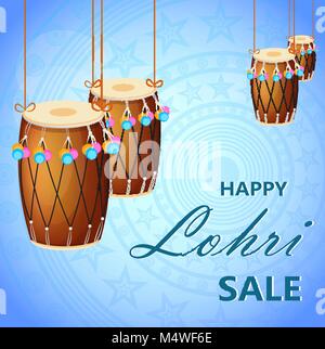 Popular winter Punjabi folk festival Lohri. Banner with hanging drums for sale, poster. Vector illustration on blue abstract background Stock Vector