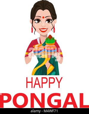 Indian girl with two pots. Happy Pongal greeting card. Makar sankranti. Vector illustration on white background. Stock Vector