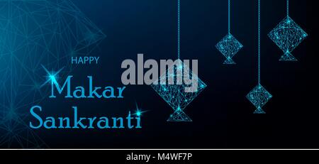 Makar Sankranti Greeting Card with blue polygonal kites. Vibrant vector illustration for holiday. Stock Vector