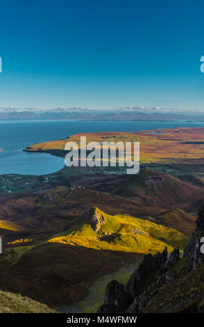 The Quiraing looking out over Staffin towards Torridon. Stock Photo