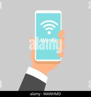 Free wifi sign concept. Hand holding mobile phone with free wifi text and wifi symbol on the display. Flat design Stock Vector