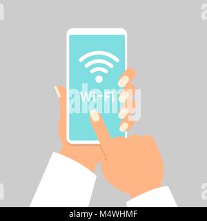 Hand holding smartphone with wifi wireless connection business concept isolated illustration Stock Vector