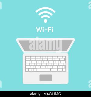 Wi-Fi icon on laptop screen. Wireless technology, wifi connection, wireless network, hotspot concepts. Modern flat design graphic. Vector illustration isolated on blue background Stock Vector