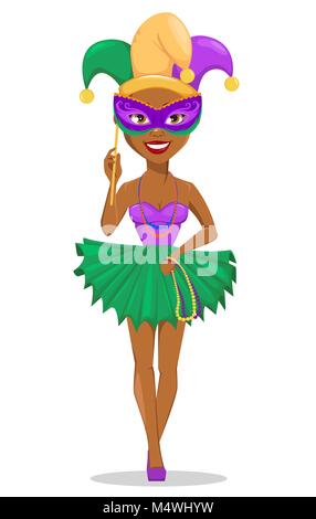 Mardi Gras jester woman in a mask for poster, greeting card, party invitation, banner or flyer on white background. Cheerful cartoon character. Vector Stock Vector