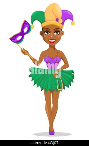 Mardi Gras jester woman holding mask for poster, greeting card, party invitation, banner or flyer on white background. Cheerful cartoon character. Vec Stock Vector