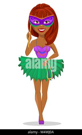 Mardi Gras jester woman in a mask for poster, greeting card, party invitation, banner or flyer on white background. Cheerful cartoon character. Vector Stock Vector