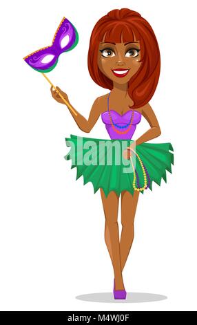 Mardi Gras jester woman holding mask for poster, greeting card, party invitation, banner or flyer on white background. Cheerful cartoon character. Vec Stock Vector