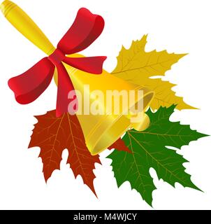 bell with red bow and maple leaves vector illustration on white background Stock Vector