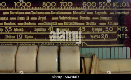 Old radio receiver. Detail of the dial with the different wavelengths and frequencies of the stations, normal wave and short wave. Stock Photo