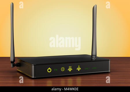 Wireless internet router on the wooden table. 3D rendering Stock Photo